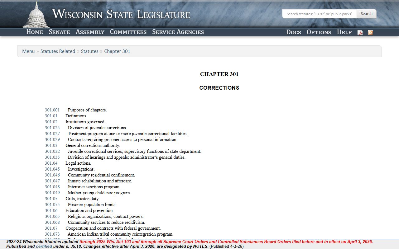 Wisconsin inmate population chapter 301 statutes