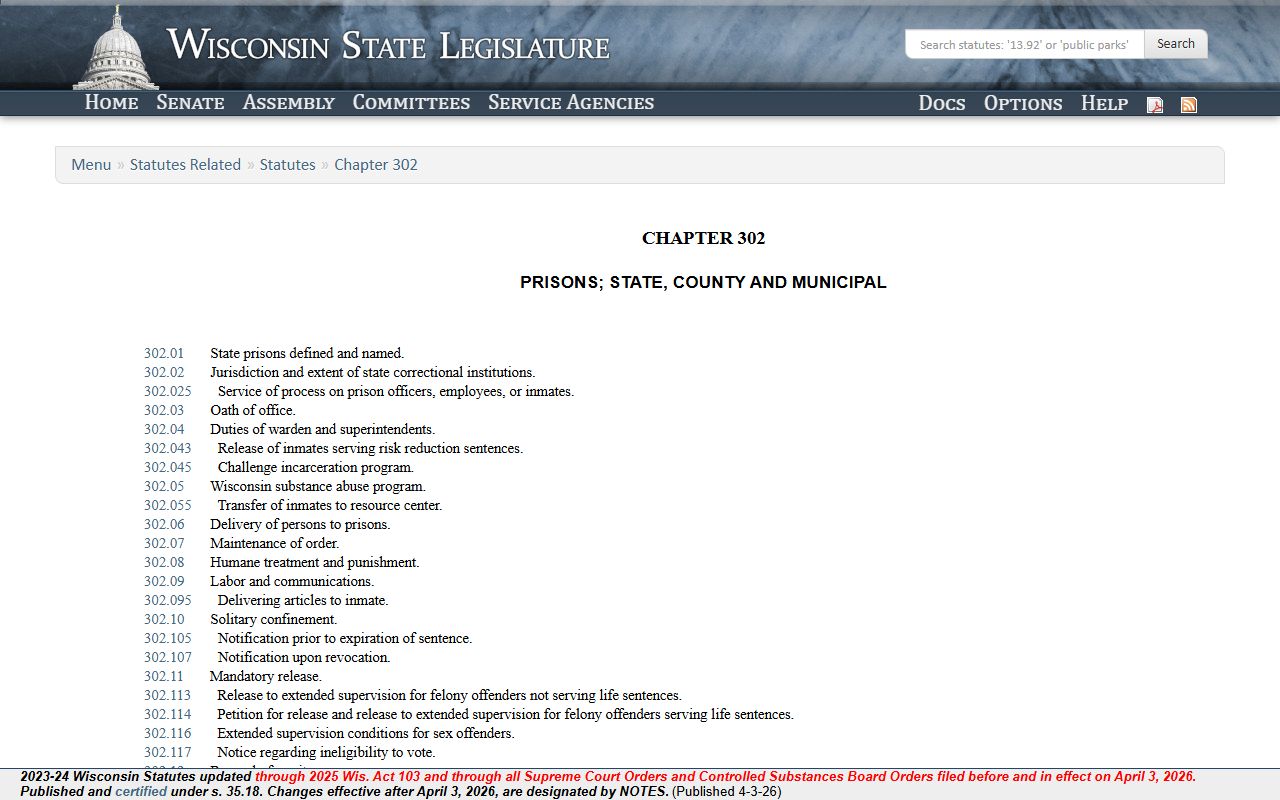 Wisconsin inmate population chapter 302 statutes